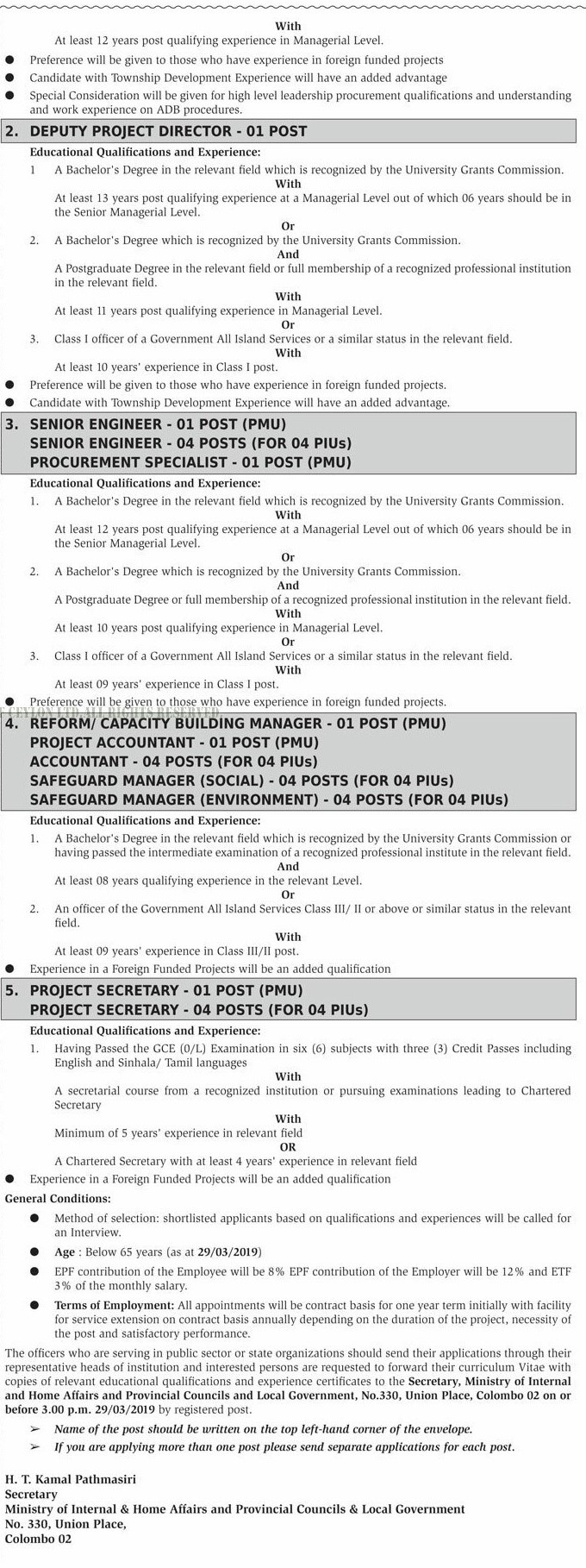 Project Director, Deputy Project Director, Procurement Specialist, Senior Engineer, Reform/Capacity Building Manager, Accountant, Project Secretary, Safeguard Manager - Ministry of Internal & Home Affairs and Provincial Councils & Local Government